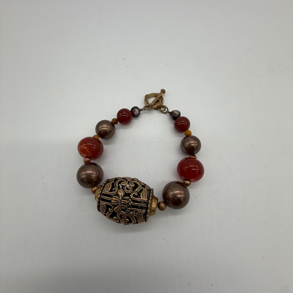Vintage Barse Bronze Tone Filigree Bead Agate Toggle Bracelet